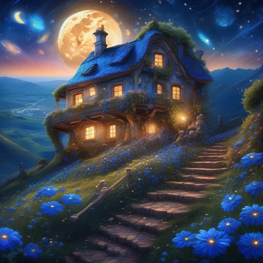 Cozy Fairy-Tale House Under Starry Night Sky