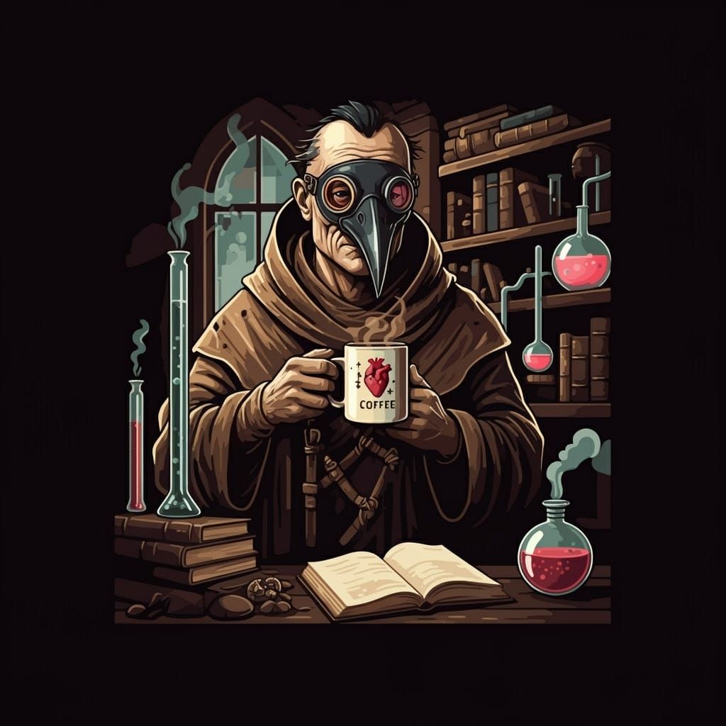 Medieval Alchemist in Raven's Mask Amidst Laboratory Chaos
