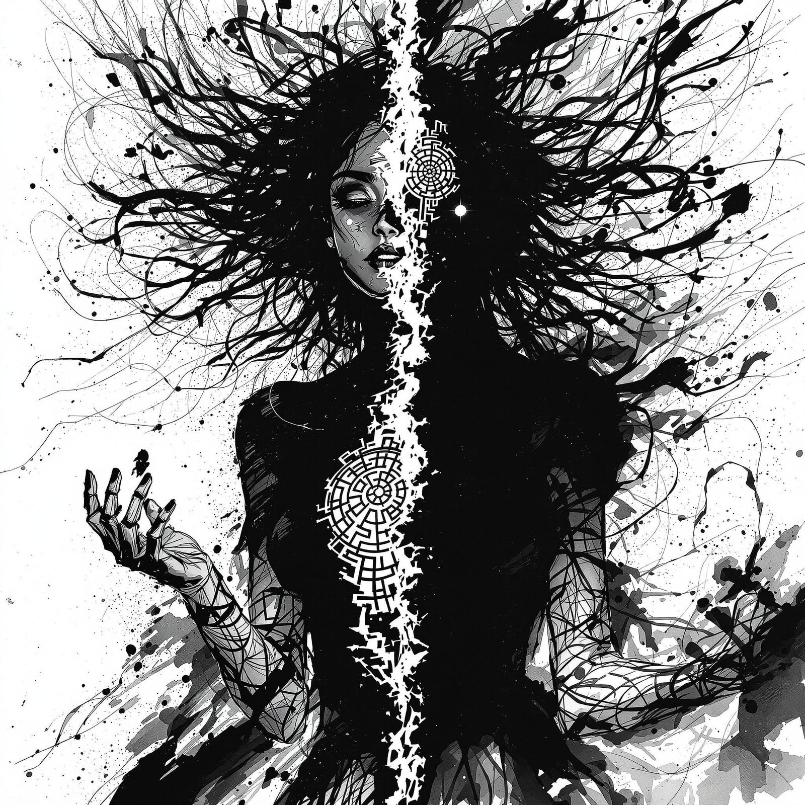 Fractured Female Form in Monochrome Watercolor