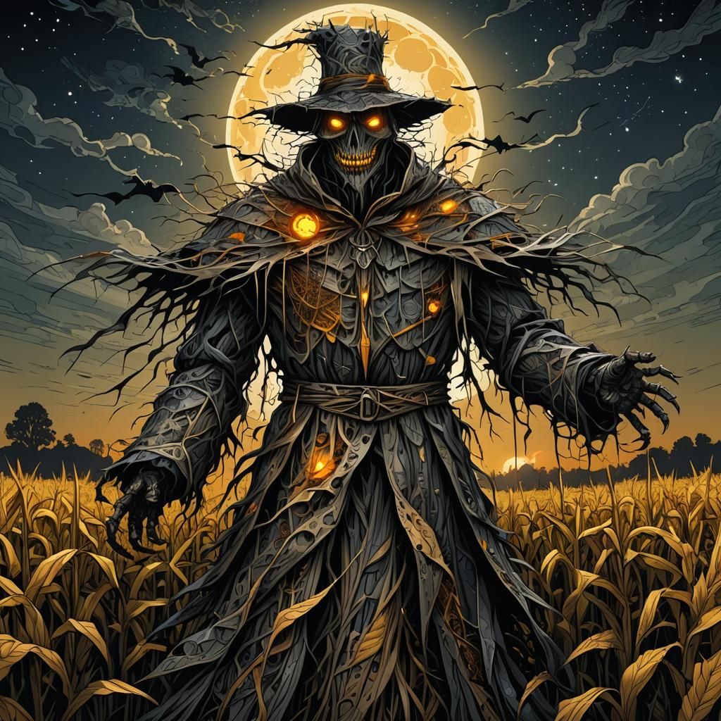 Terrifying Scarecrow in Moonlit Cornfield with Fractal Patte...
