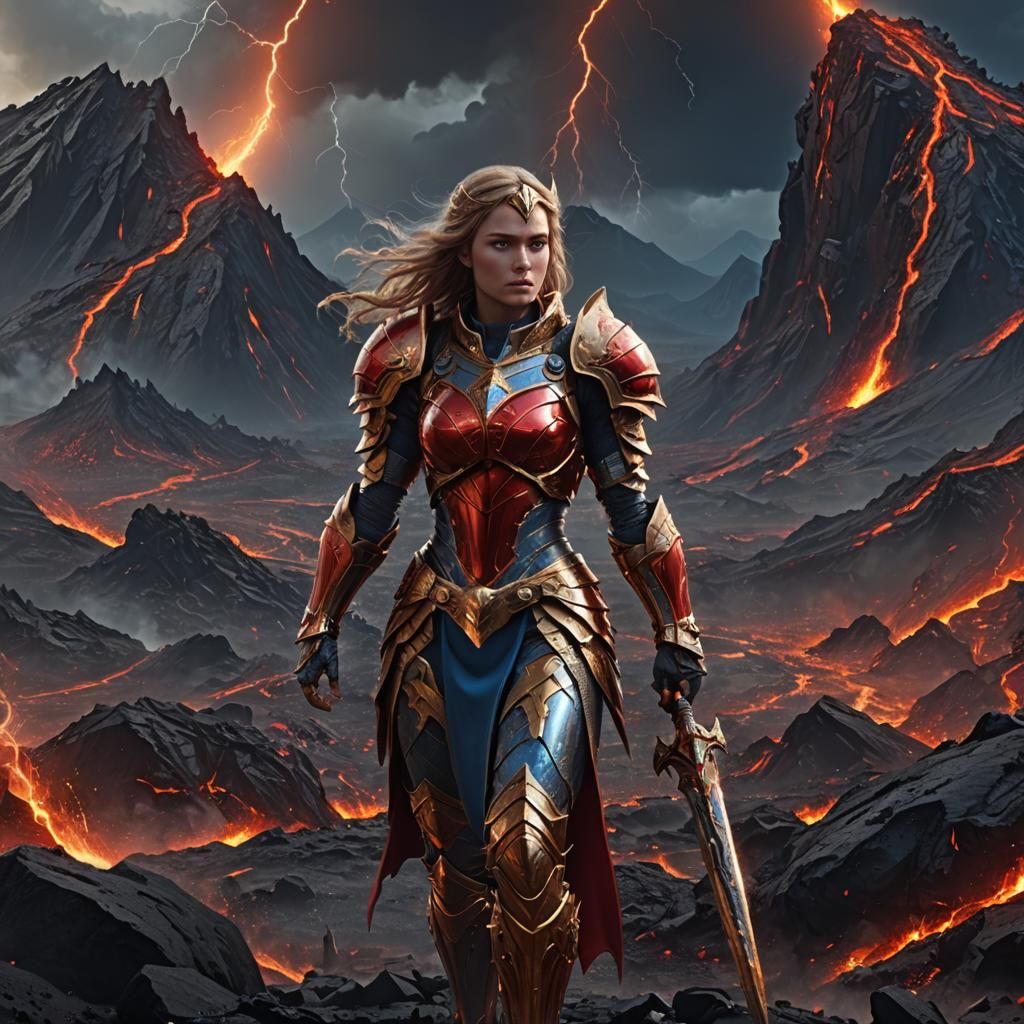 knightess, princess, ready for battle, volcanic mountain background, lava, lightning, red and gold armor, fierce blue ey...