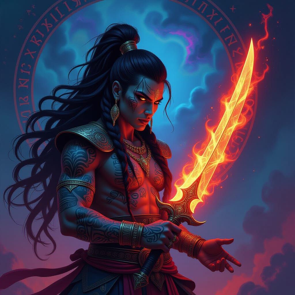 Mystical Warrior Portrait with Fiery Hair and Glowing Blade