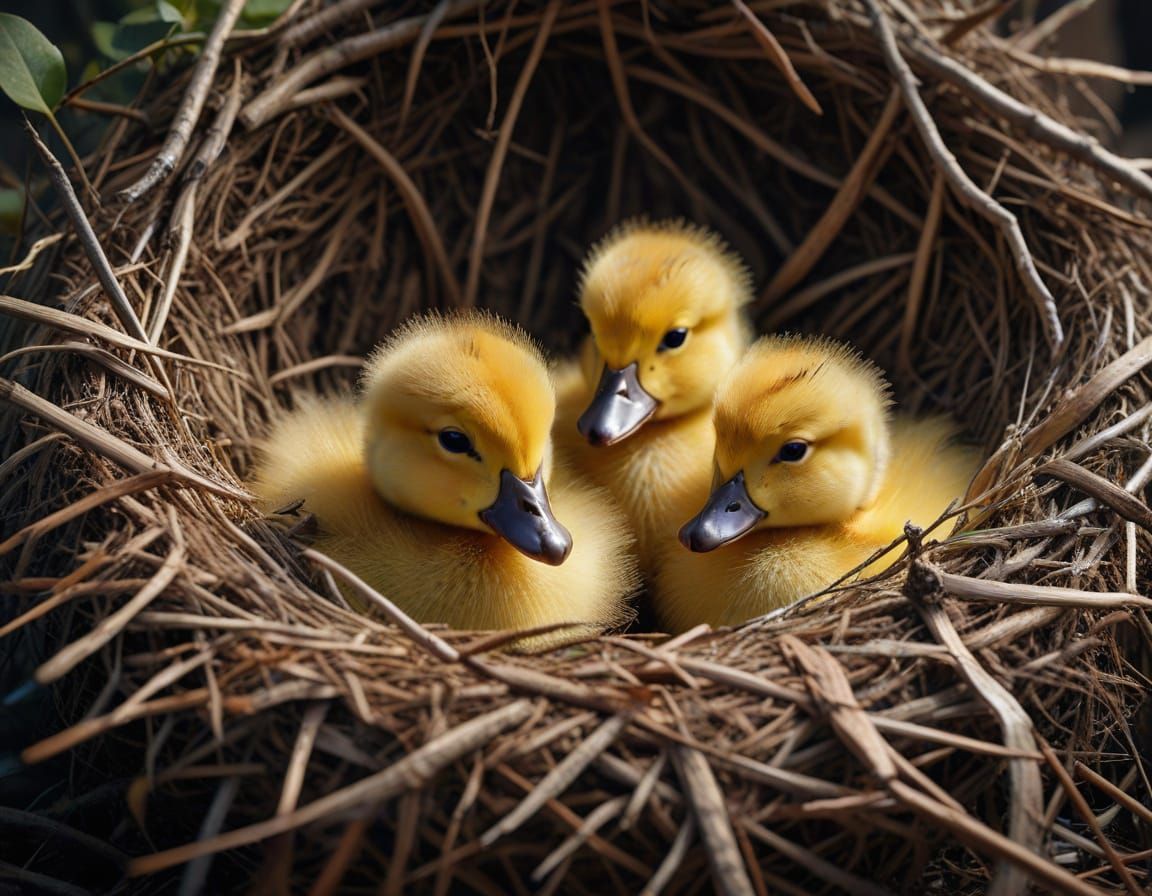 Fluffy Ducklings Nestled in Their Nest