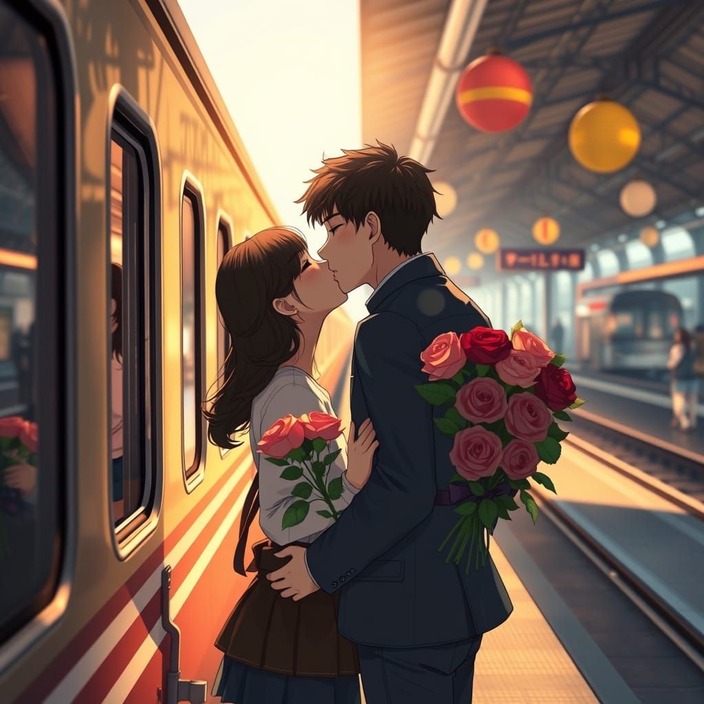 Couple's Goodbye Kiss at Train Station in Ghibli Anime Style