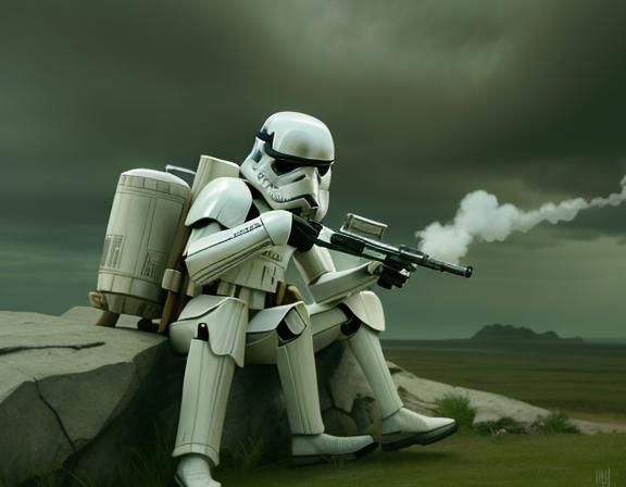 star wars Cinematic fantasy landscape storm-trooper on a smo...