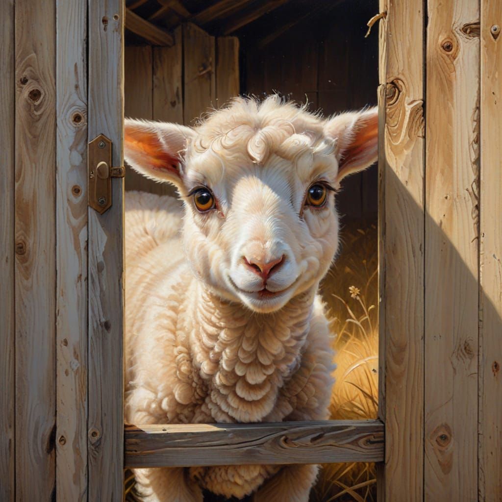 Lamb Peeking from Barn Door in Oil Painting Style