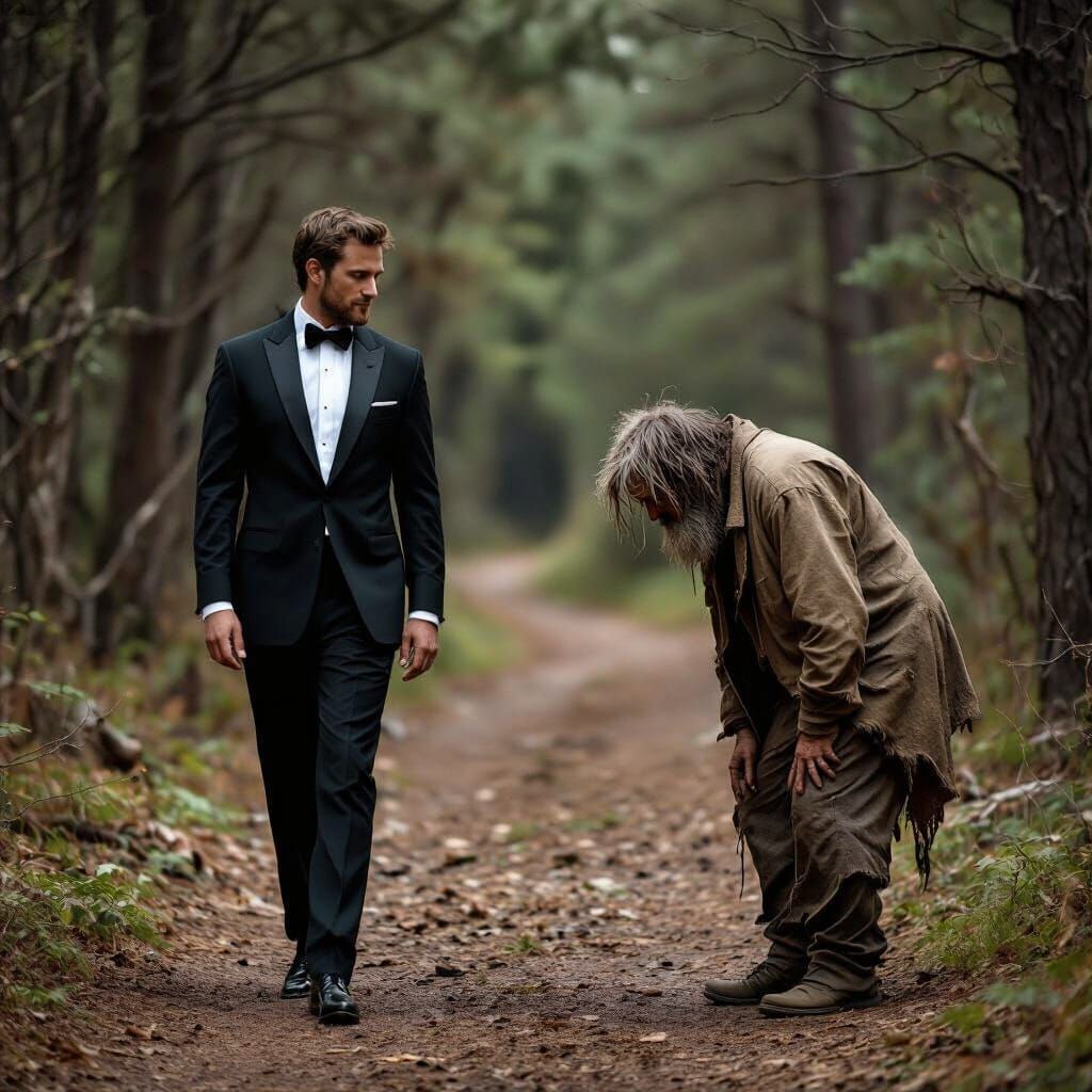 Tuxedo Man Meets Homeless Man on Forest Trail