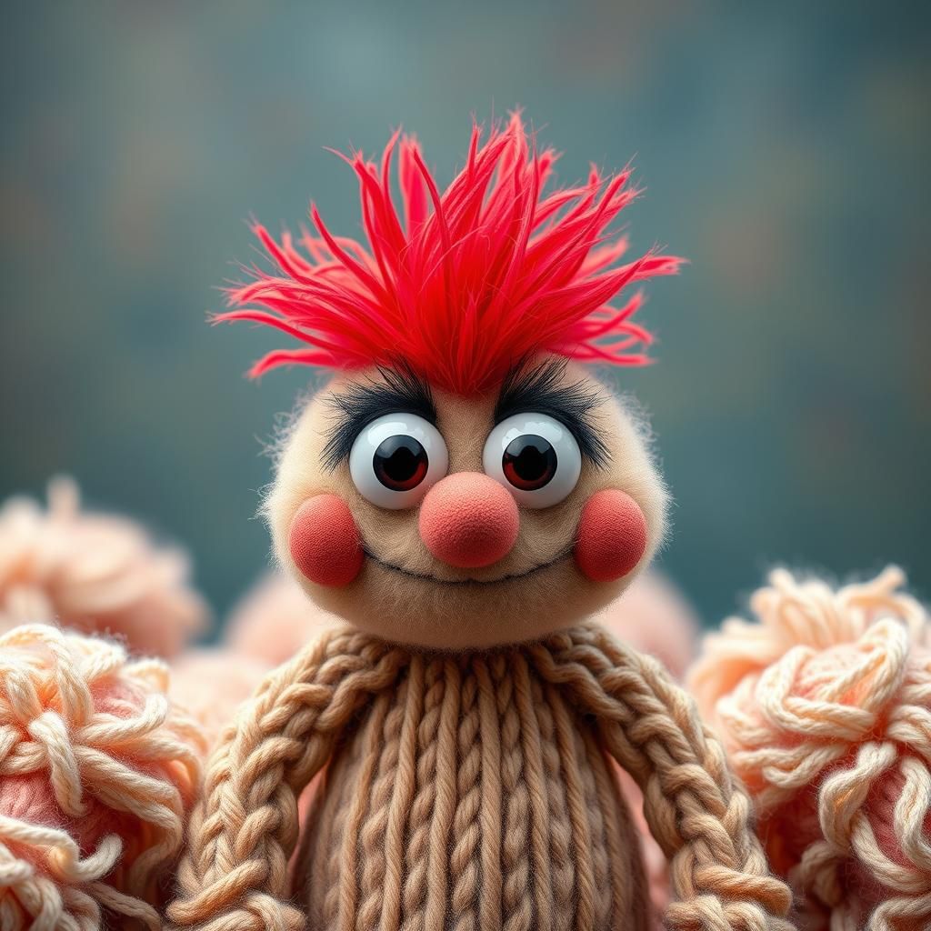 Cute Fluffy Muppet with Red Mohawk, Knitted Yarn
