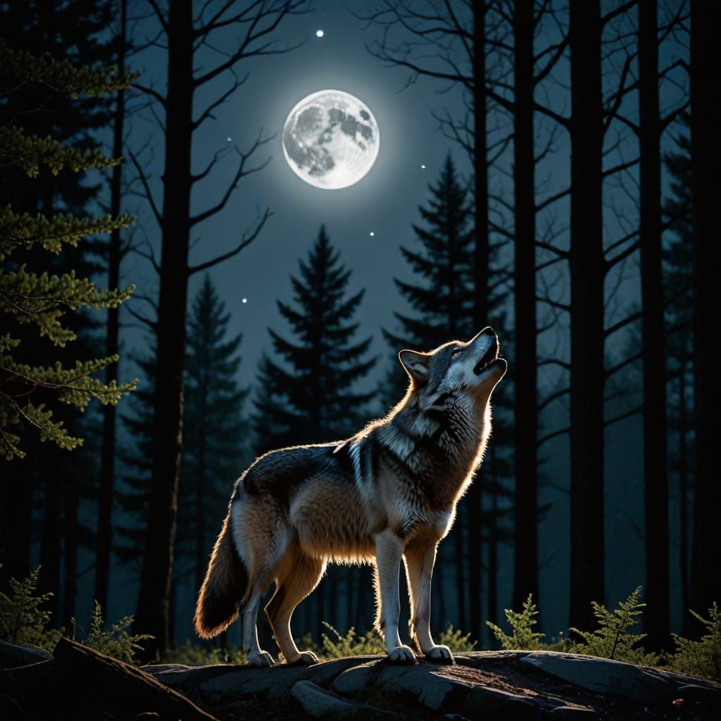 Gray Wolf Howling at Moon in Forest Clearing
