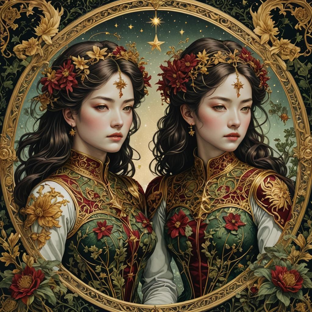 Detailed Botanical Etching of Gemini Star Sign