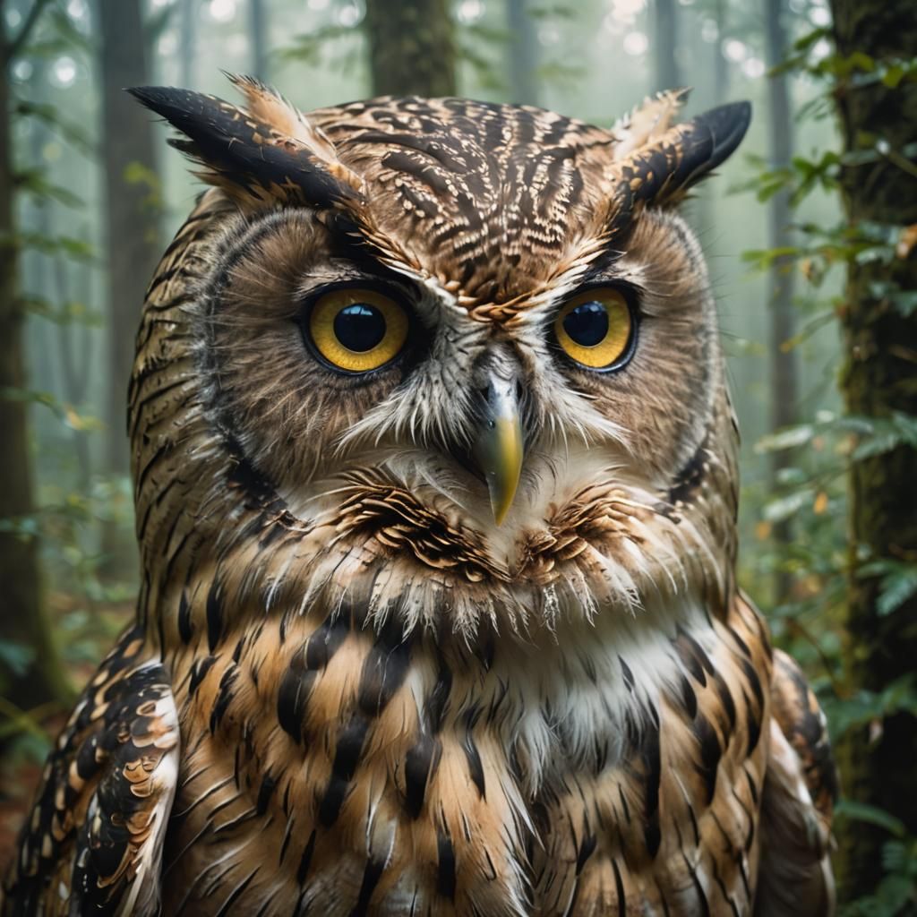 Wise Owl Pouting in Misty Forest: Digital Portrait