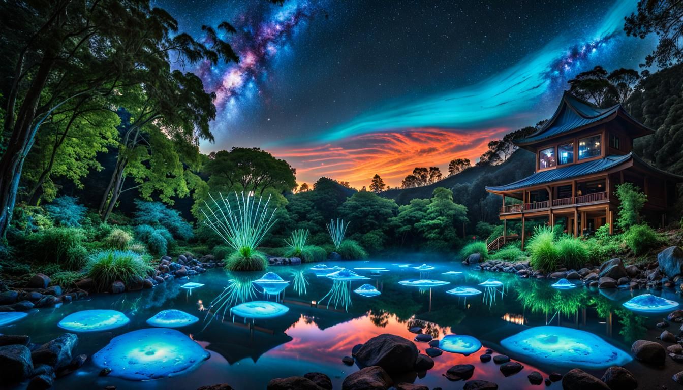 Bioluminescent Garden Under Cosmic Sky in Psychedelic Style