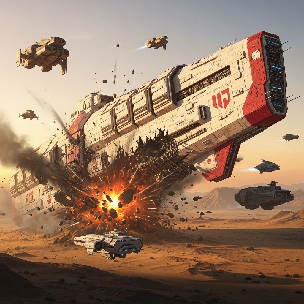 Dreadnaught Crash on Desert Planet in Retro-Futuristic Style