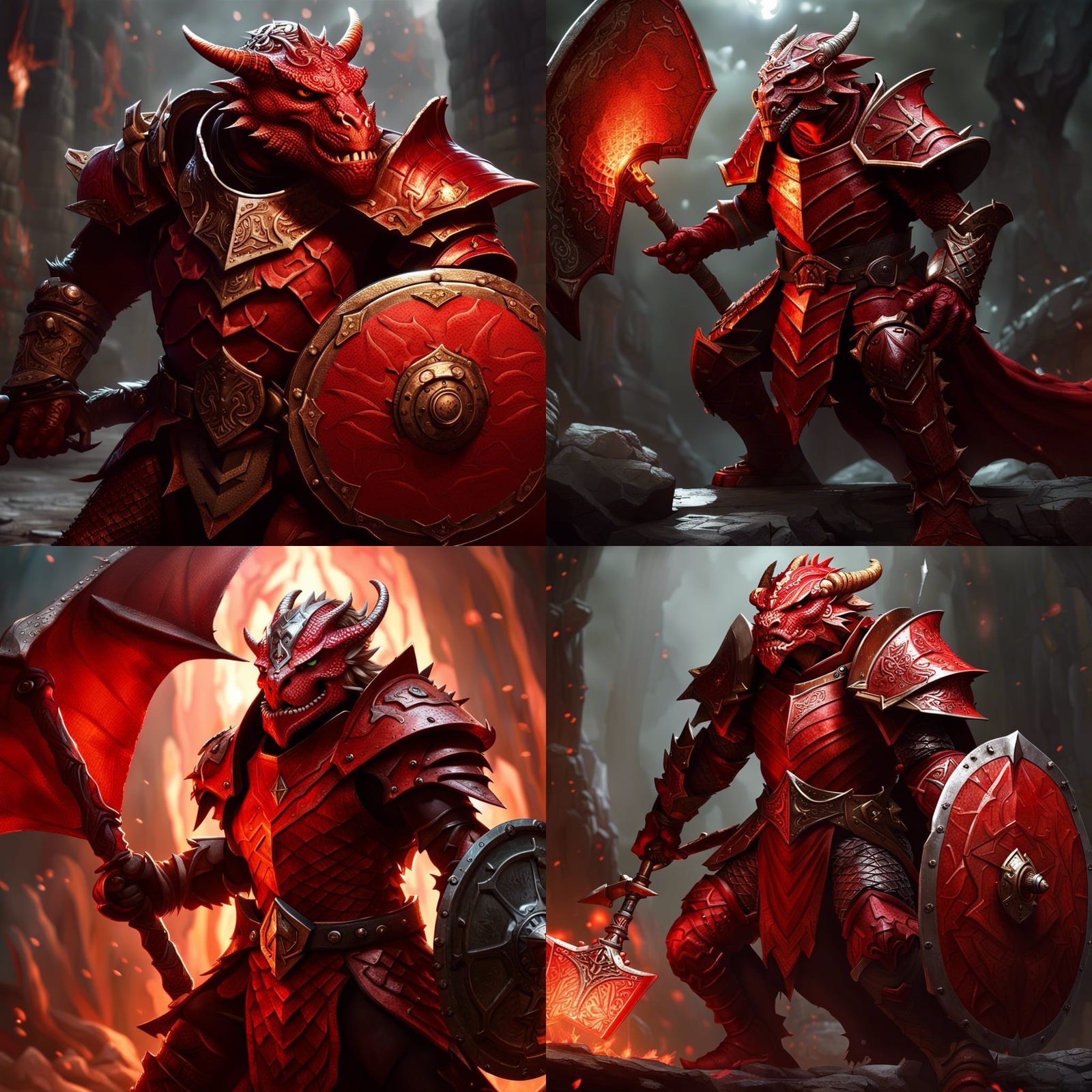 Red Dragonborn Fighter with Warhammer in Dark Fantasy Style