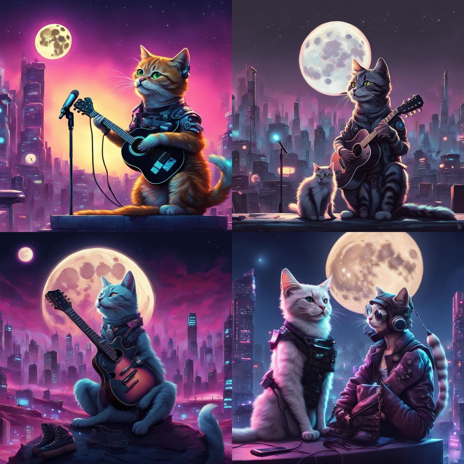 Cyberpunk Cat's Lunar Serenade in Panorama