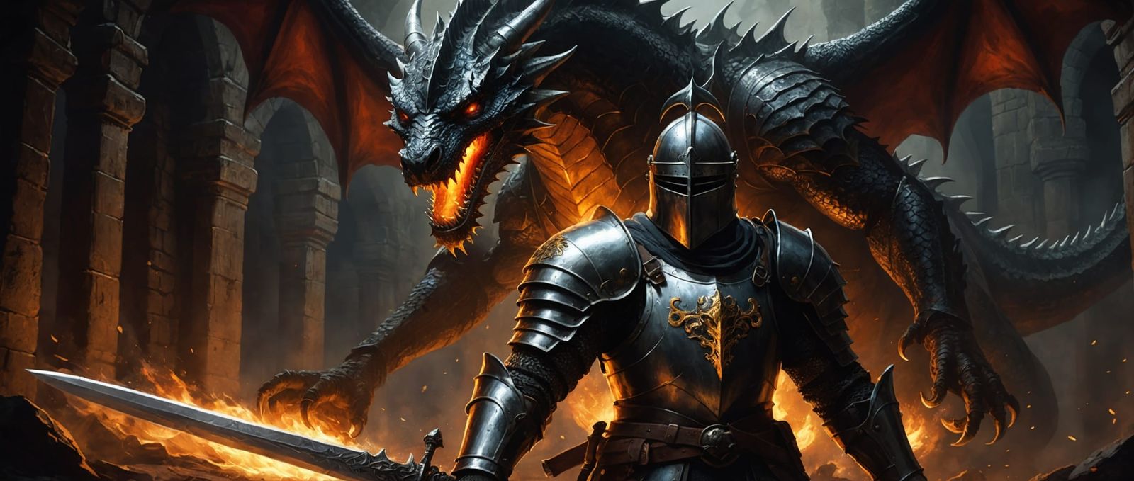 A chiaroscuro portrait of a valiant knight, locked in frontal combat against a fearsome dragon, its fiery breath illumin...