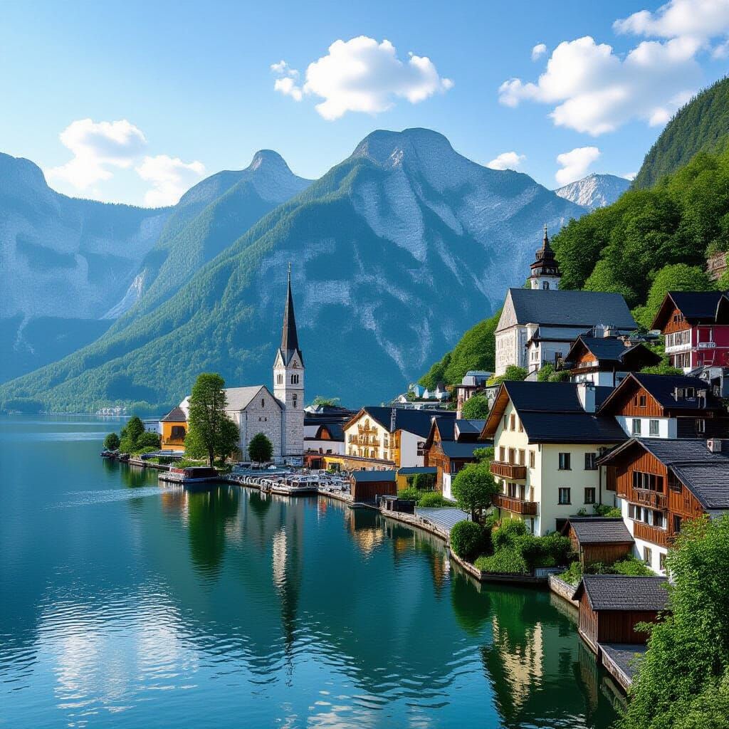 Idyllic Hallstatt Village Scene in Austria