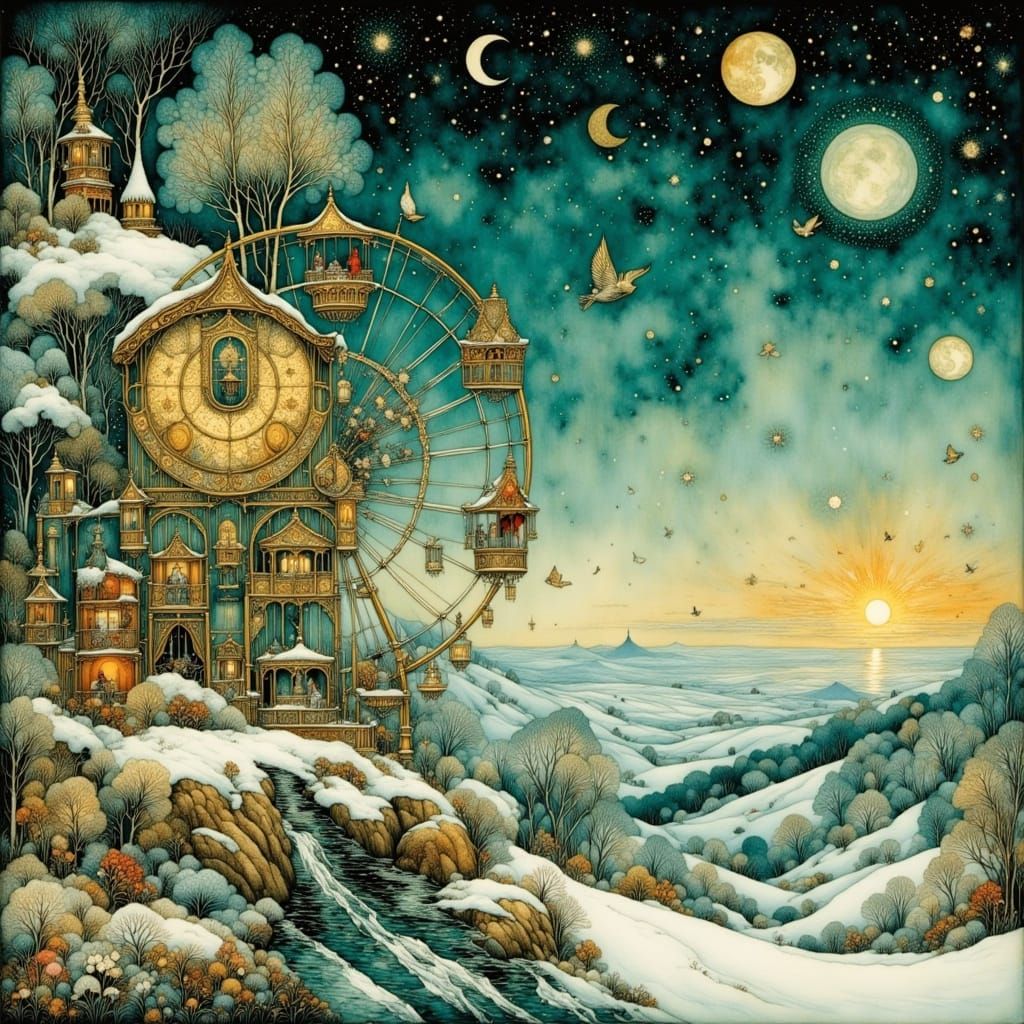 Boy on Ferris Wheel Above Winter Landscape