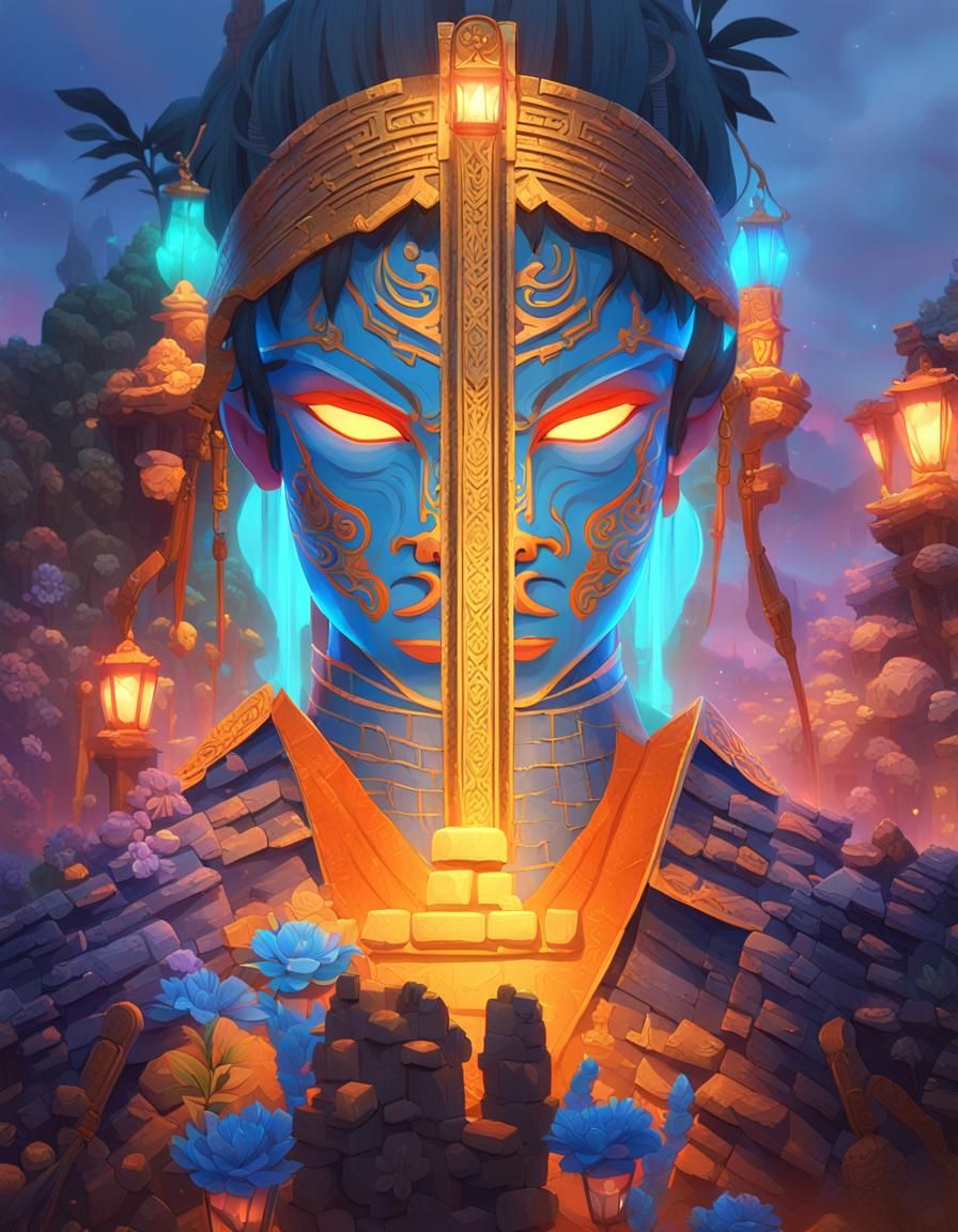 Mystical Warrior Amidst Ancient Ruins in Anime Style