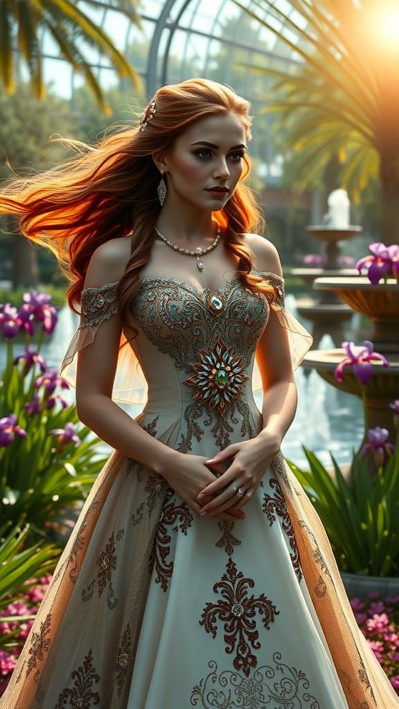 Regal Woman in Sun-Dappled Garden