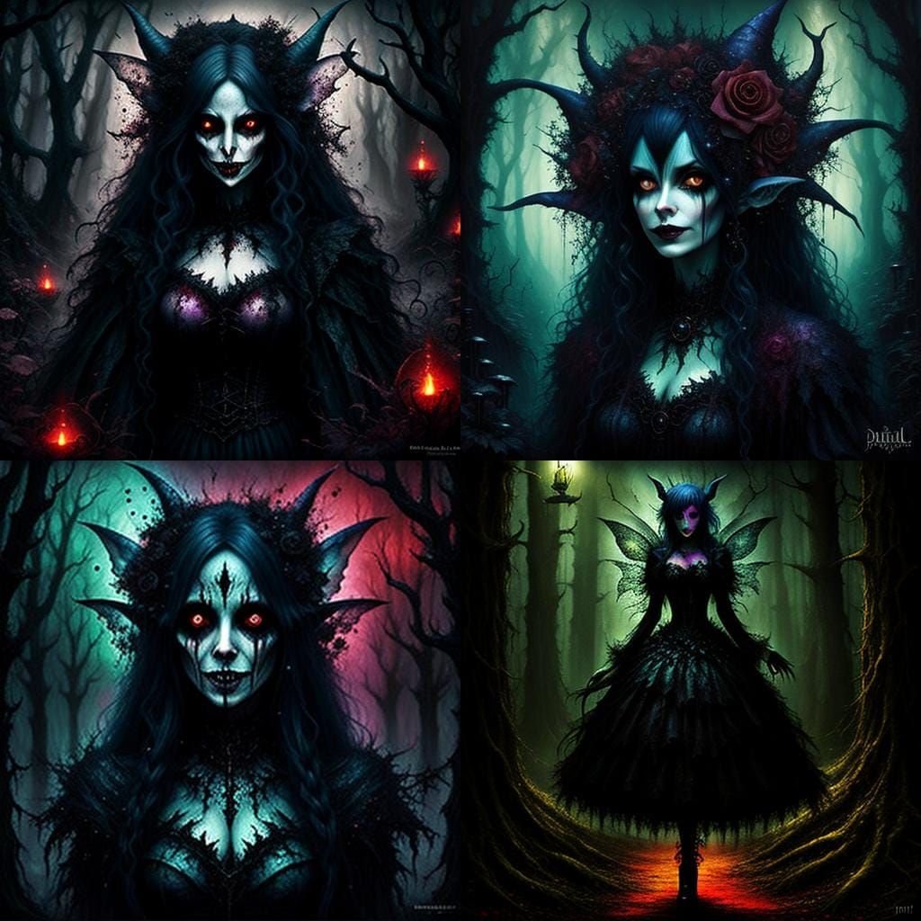Dark Fairy in Horror Theme Park, Ominous Oil Painting