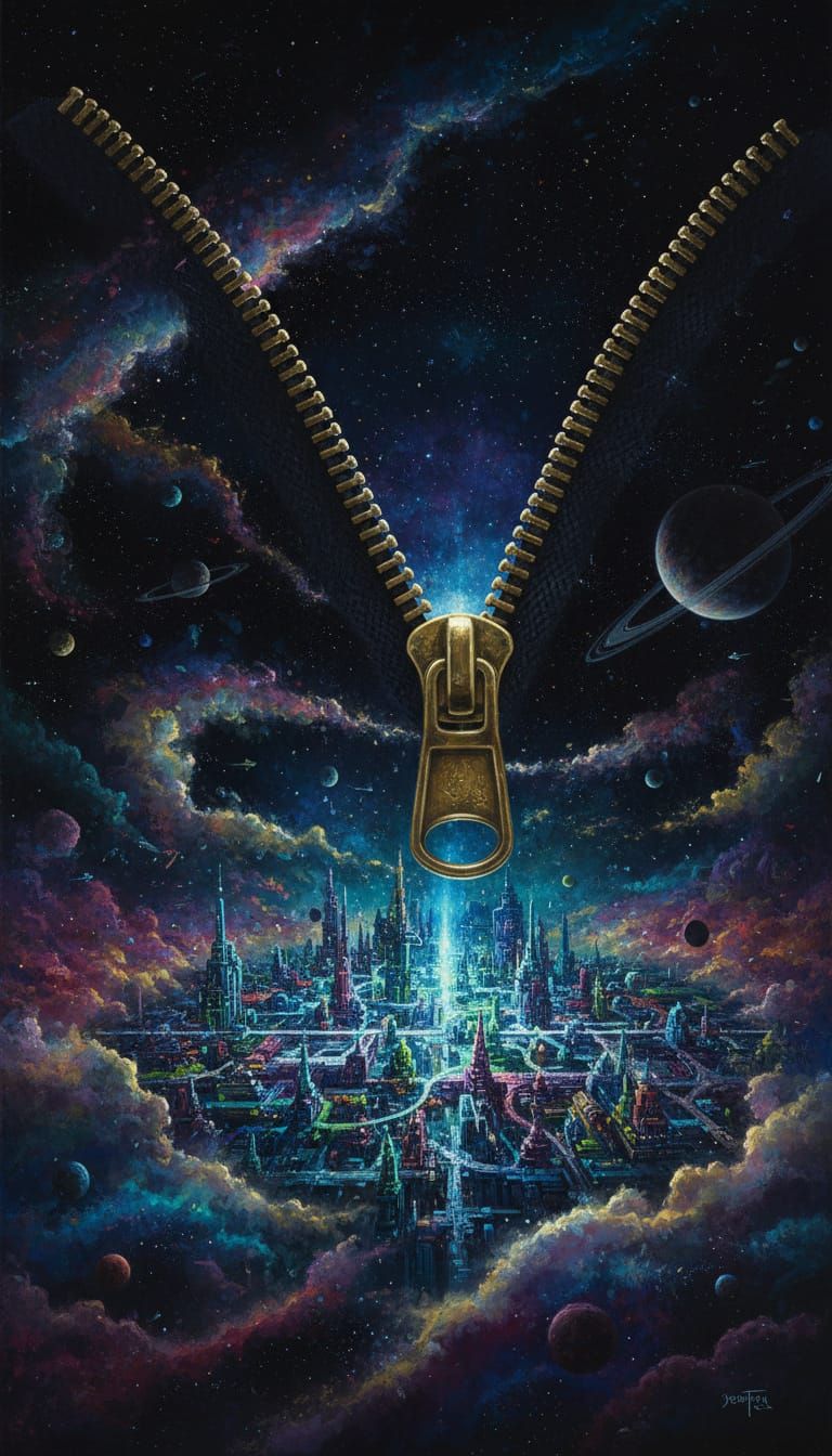 Cosmic Zipper Revealing City in Night Sky