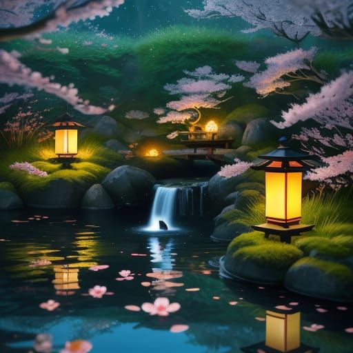 Anime Creature Relaxing by Water with Lanterns