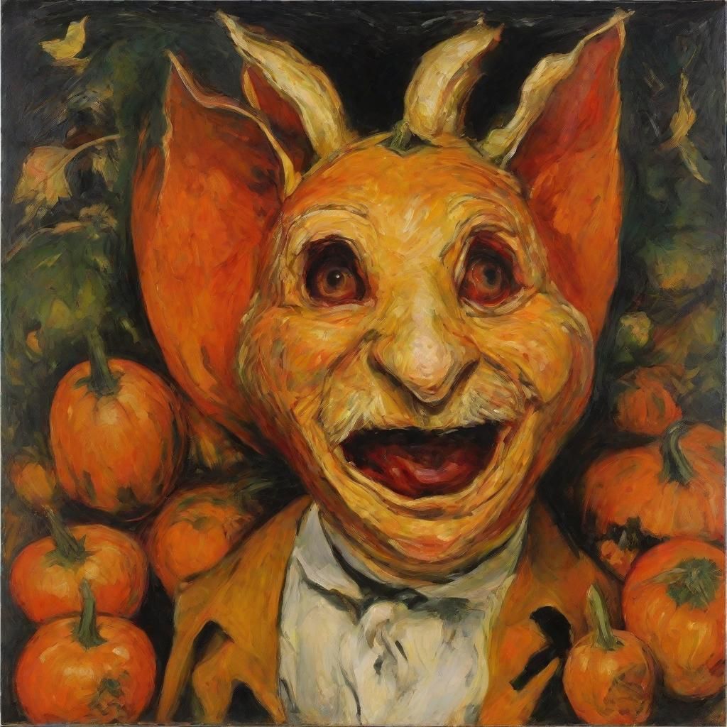 Surreal Pumpkin Mask Unveiling in Expressionist Style