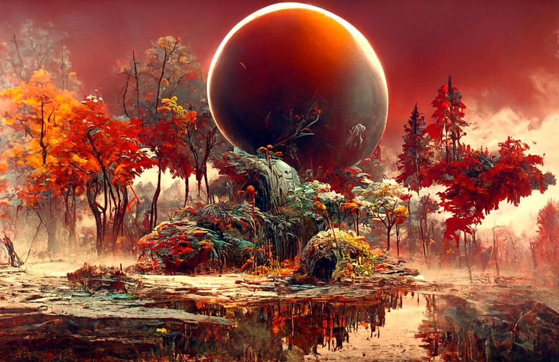 Glowing Alien Landscape with Twin Moonrise