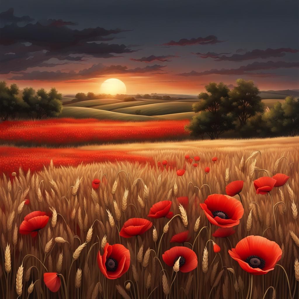 Wheat Field at Dusk with Red Poppies
