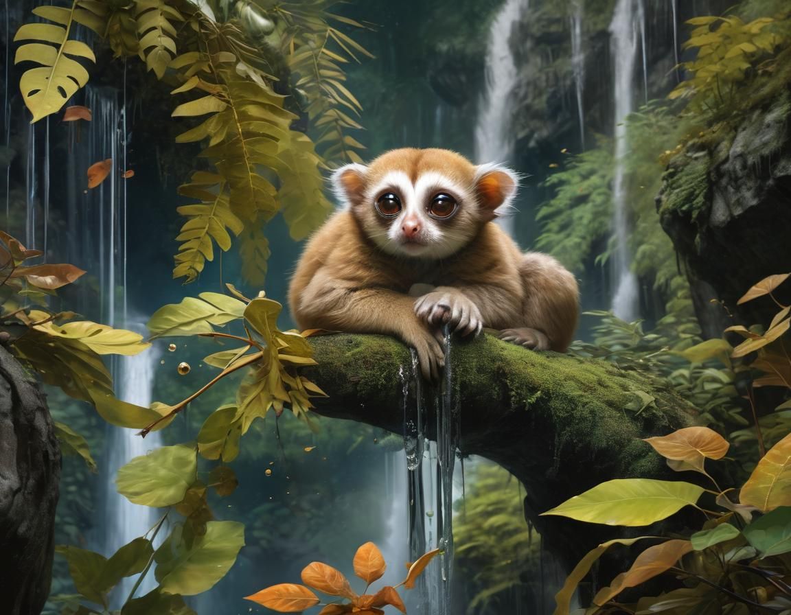 Dreamy Slow Loris Eyes in Fantasy Alcohol-Ink Style