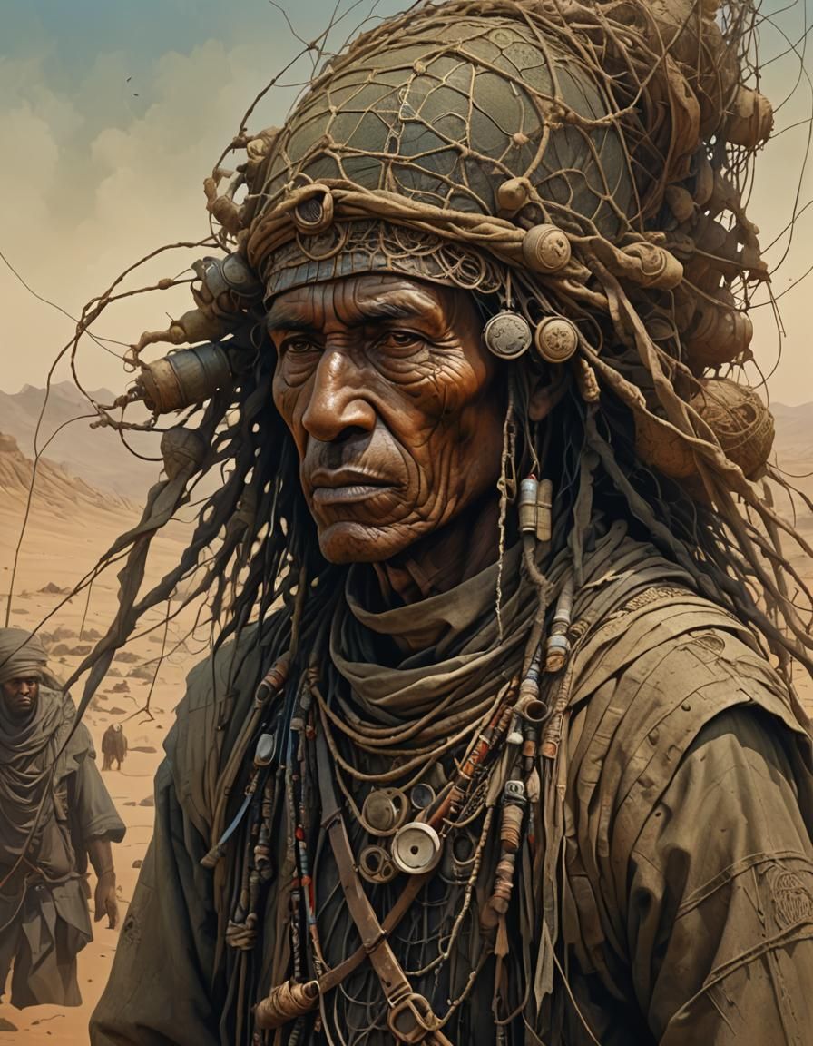 Close-up of a post-civilization tribal leader dressed in clo...