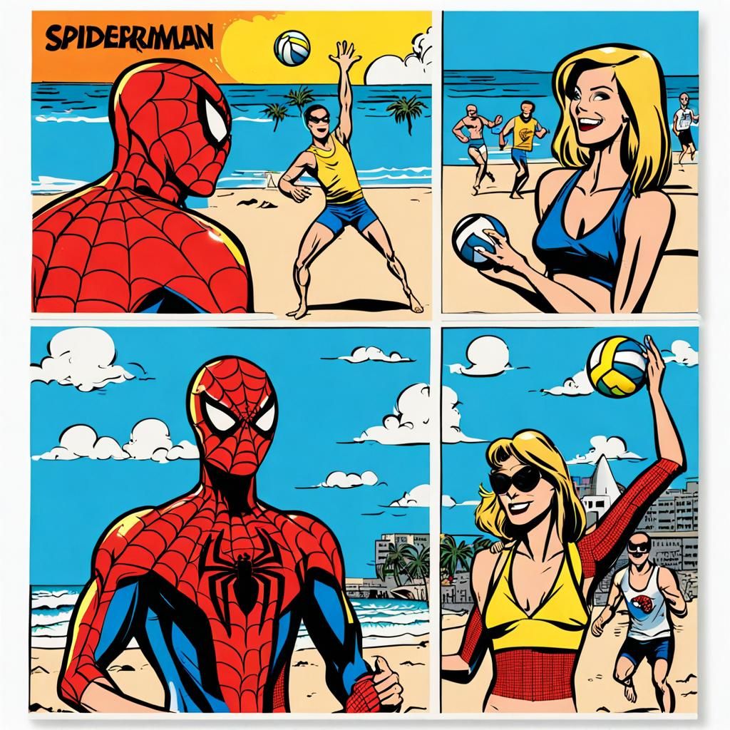 Spiderman and girls playing volleyball on the beach.