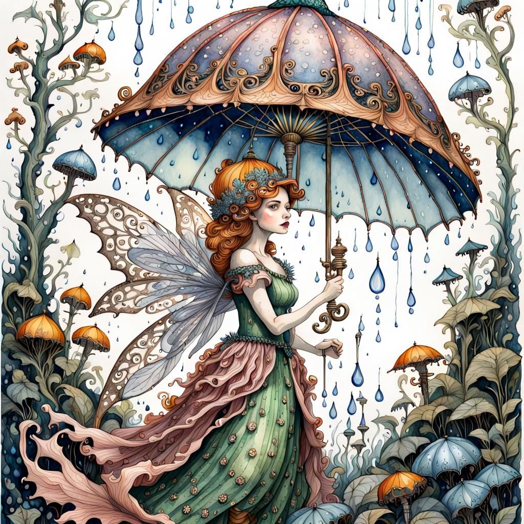 Fairy with Glass Umbrella in Watercolor Style