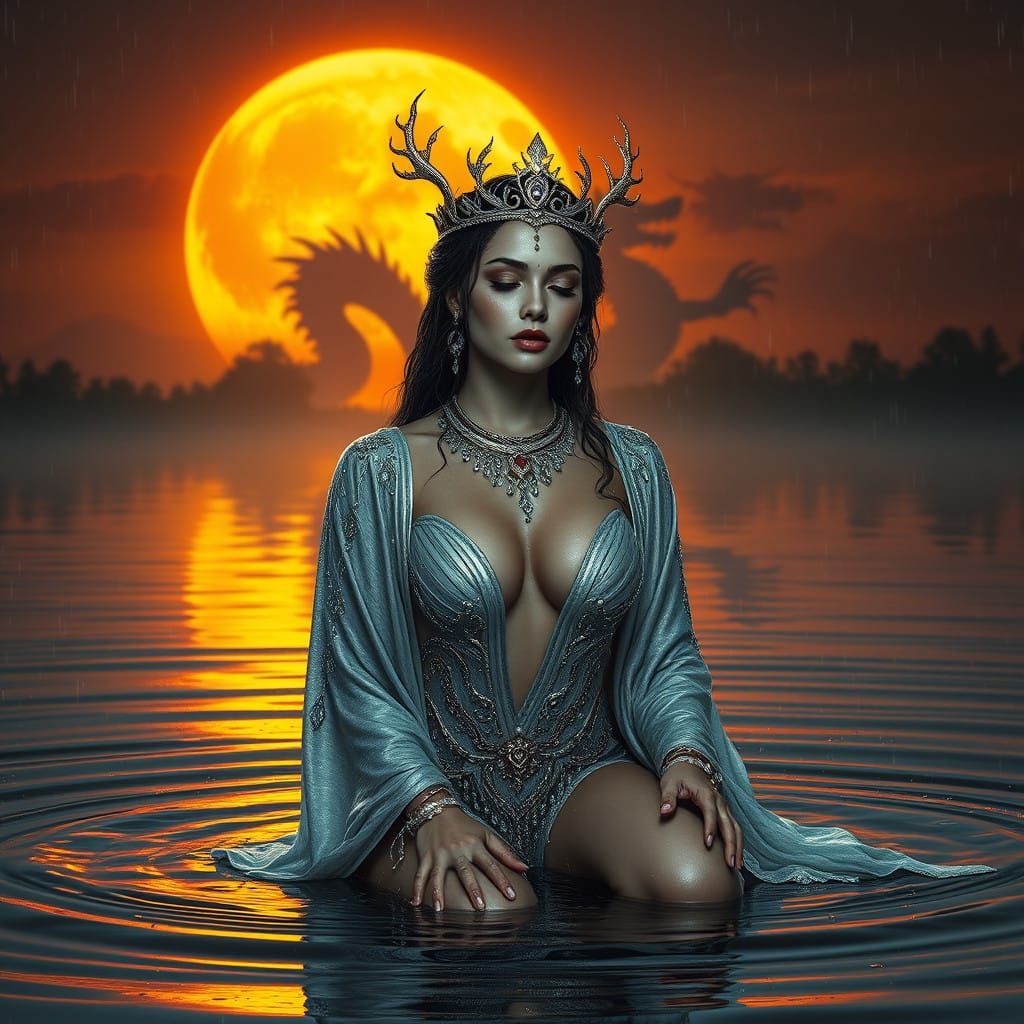 Surreal Goddess Reigns Supreme Under Fiery Moonlight