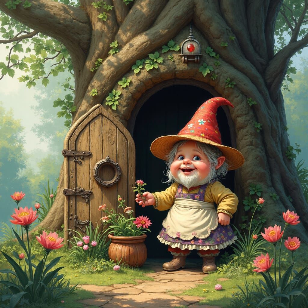 Whimsical Gnome Tending to Vibrant Flowers in an Enchanted F...