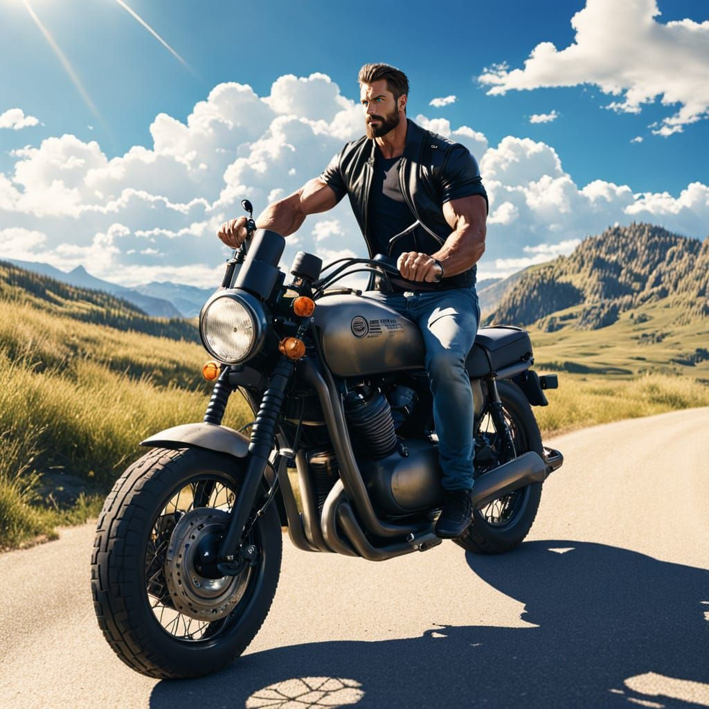 Muscular Biker Flexing Biceps in Natural Light
