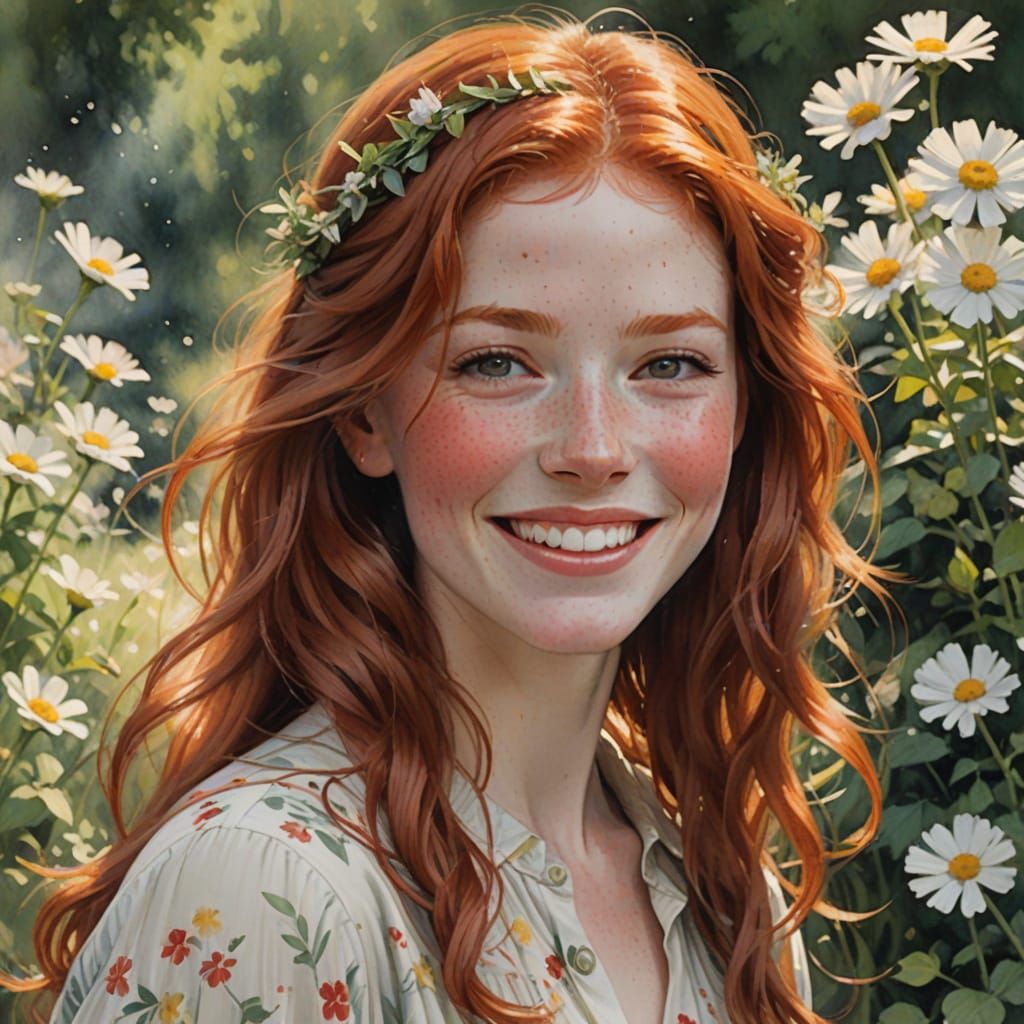 Radiant Red-Haired Girl in Joyful Summer Landscape