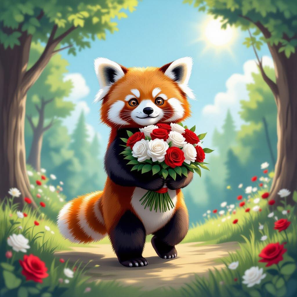 Red Panda Delivers Roses in Enchanting Forest Clearing