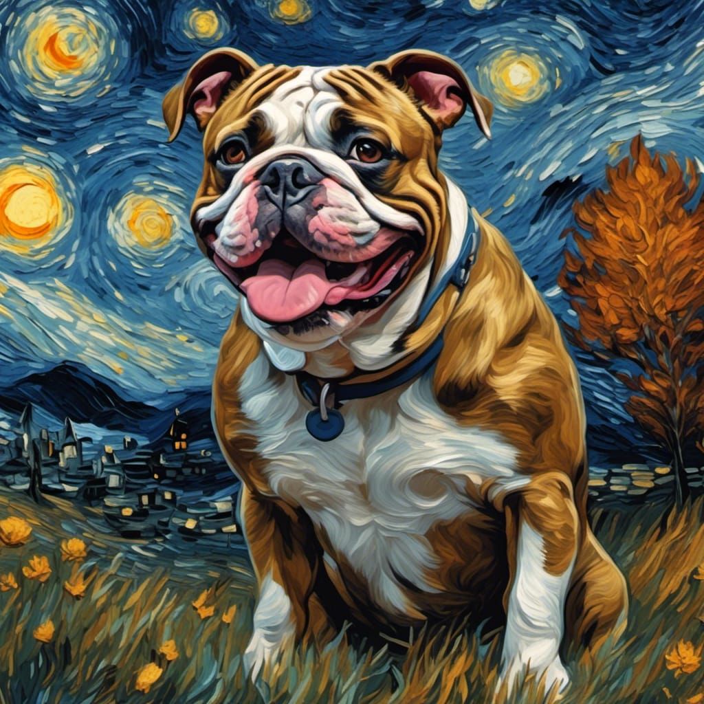 Bulldog in Starry Night Van Gogh Scene