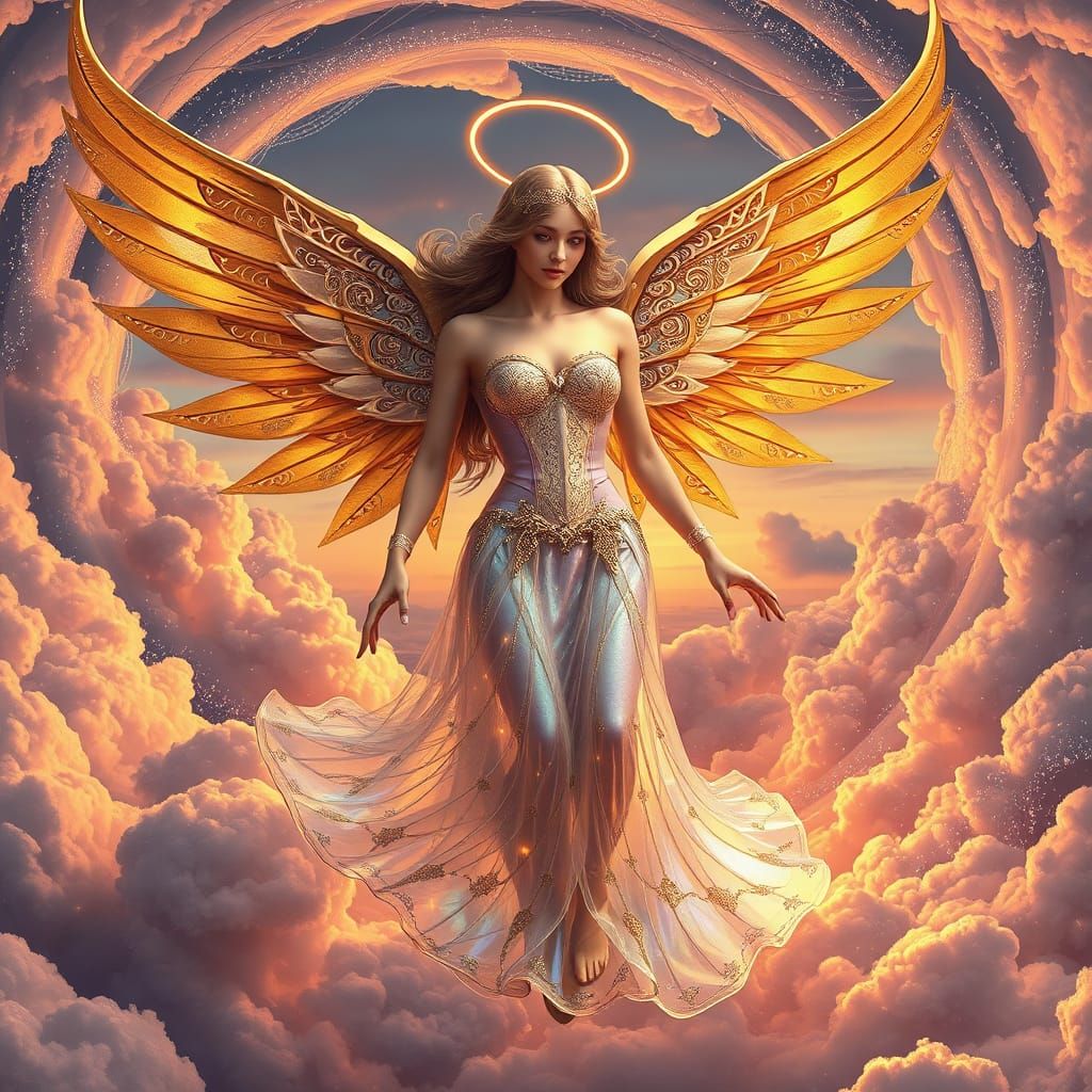 Angel in Sunset Clouds with Iridescent Corset and Metallic W...