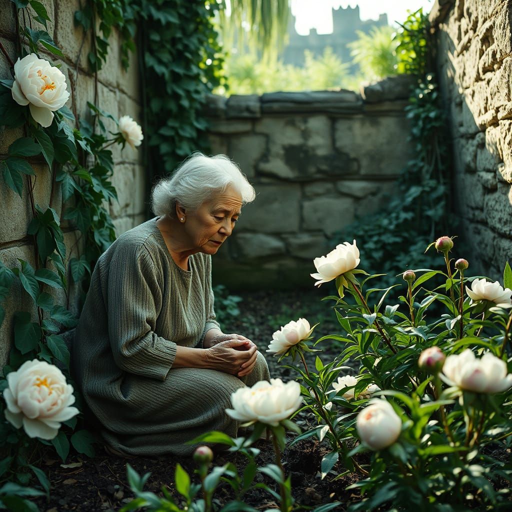 Elderly Woman Whispers to Blooming Peonies in Untamed Garden