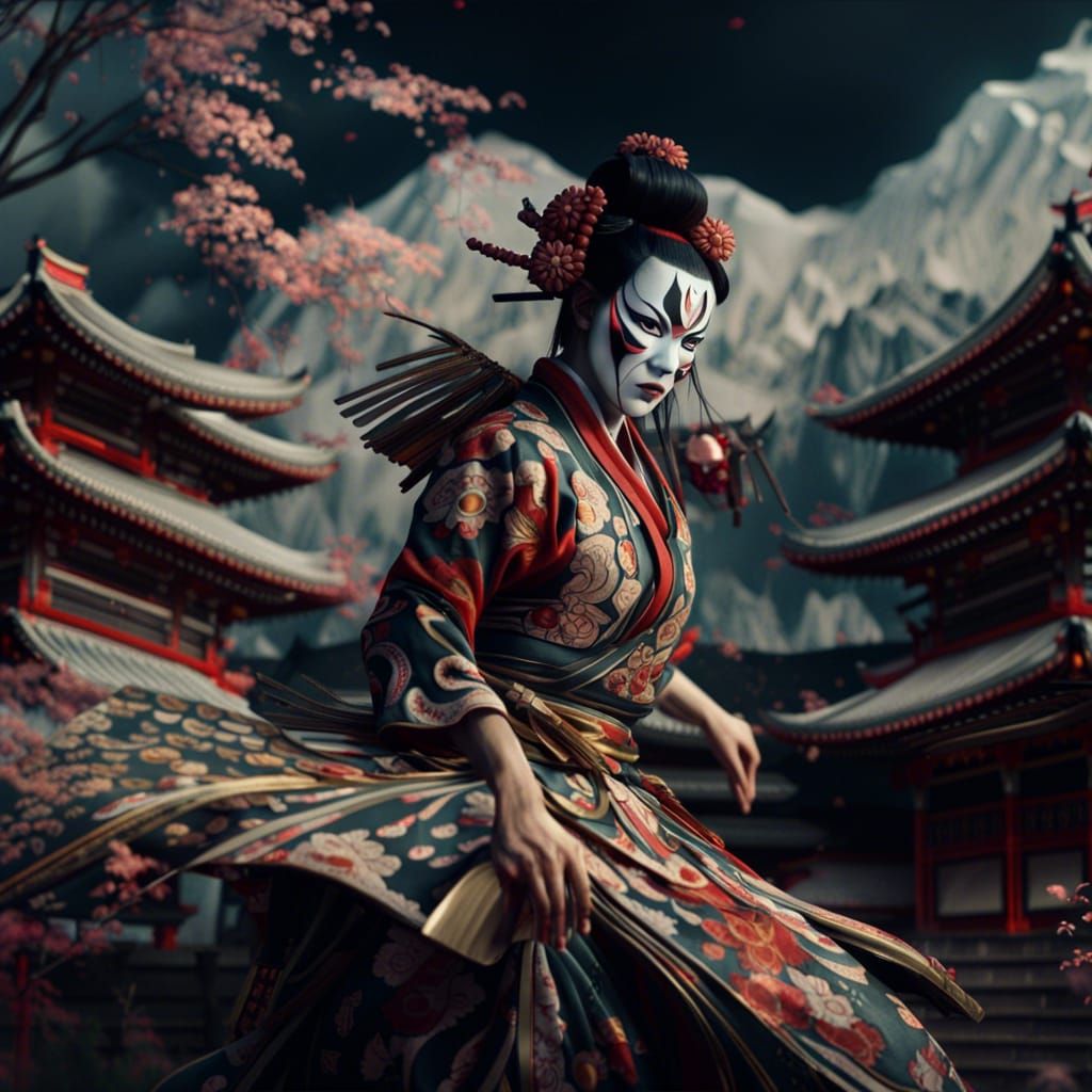 Dramatic Kabuki Dance in Digital Matte Painting Style