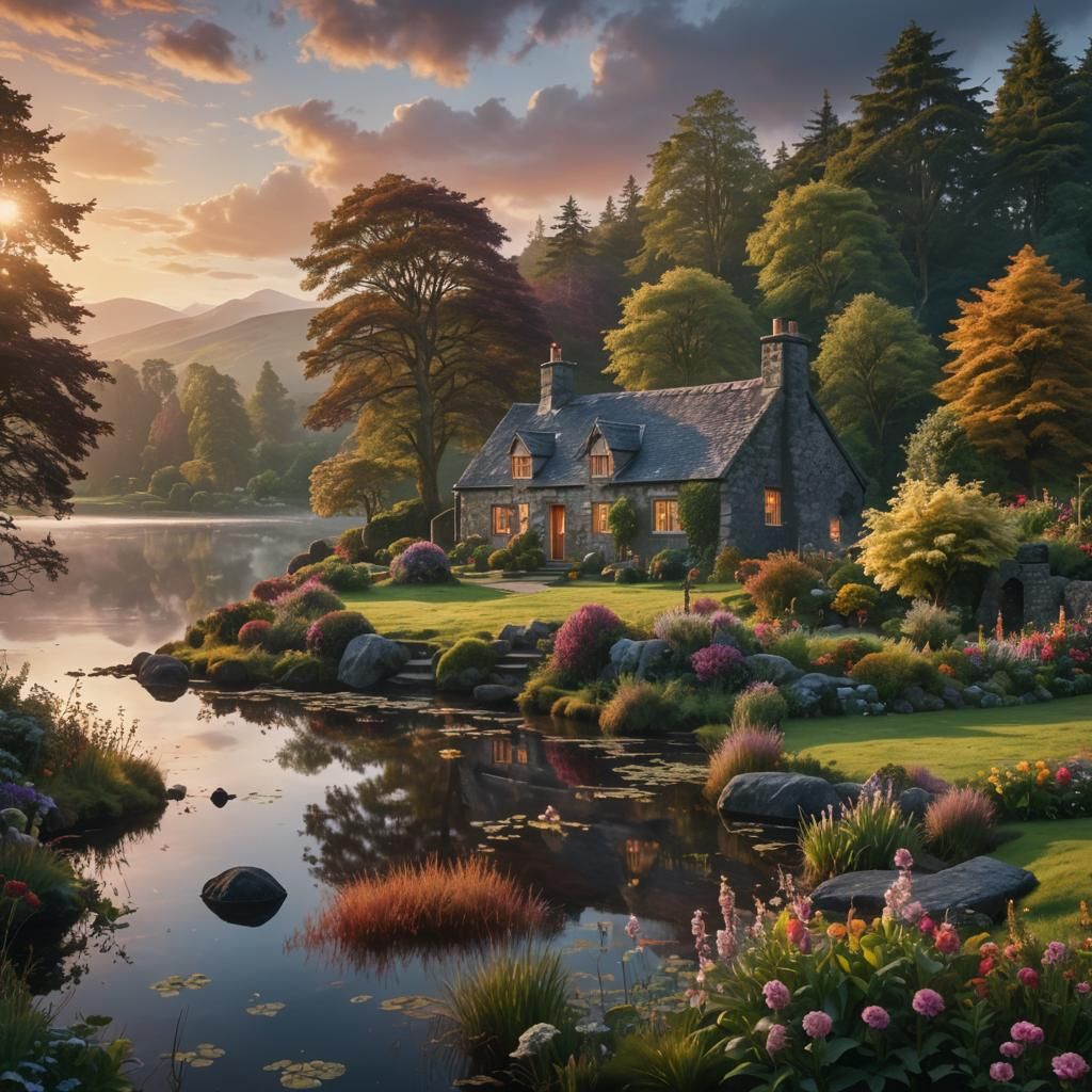 Stone Cottage and Loch Garden at Sunrise
