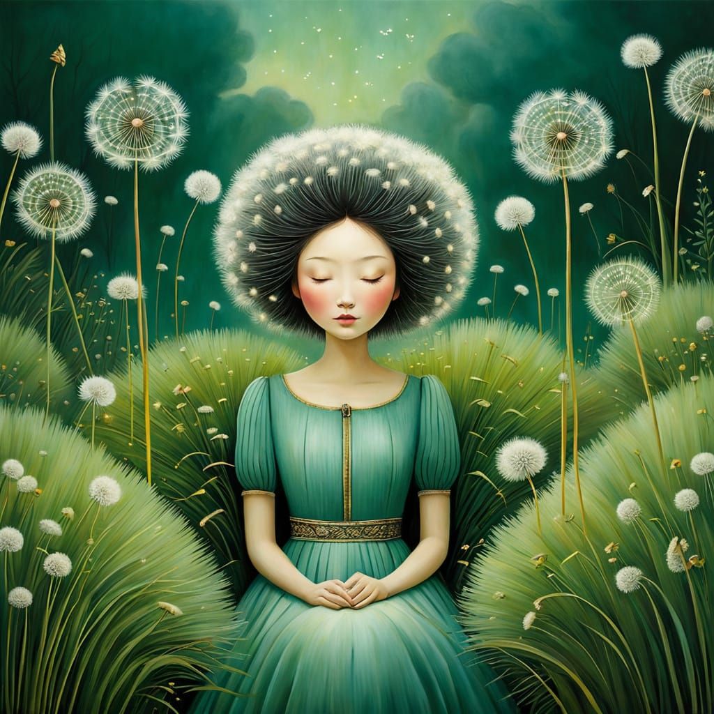 Whimsical Dandelion Girl in Dreamlike Garden
