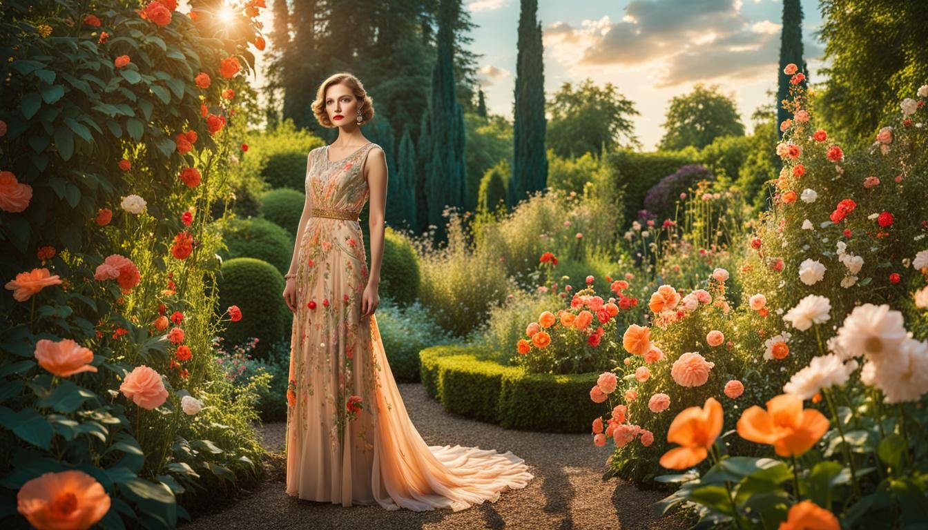 Woman in Floral Dress in Lush Garden