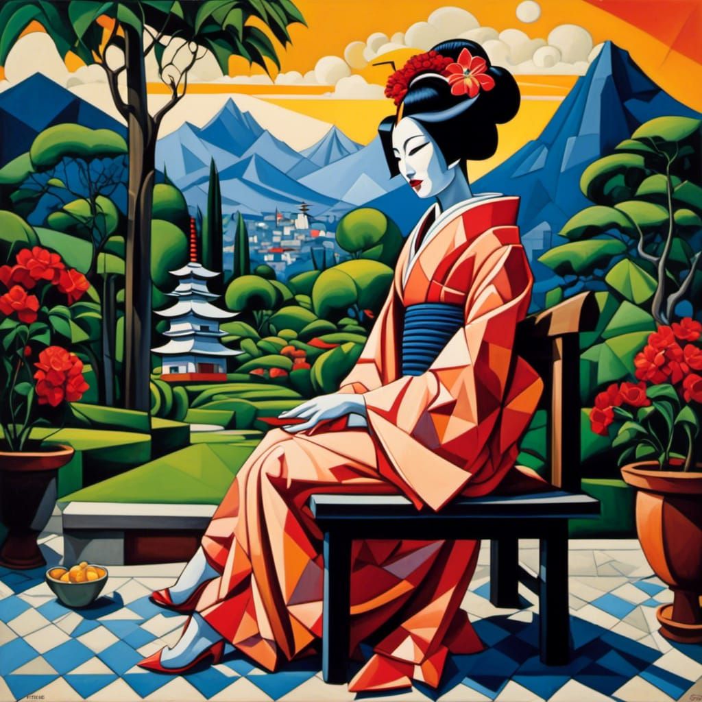 Cubist Geisha in Garden Inspired by Tamara de Lempicka