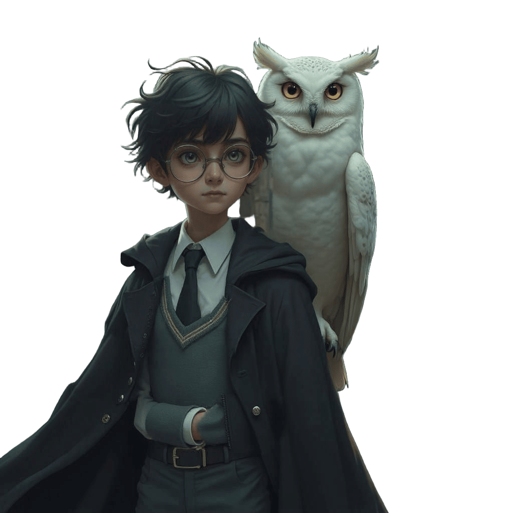 Young Boy Stands Proudly with White Owl, Surrounded by Gothi...