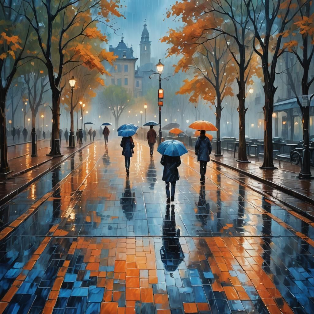 Rainy Park Scene with Reflections, Oil Painting