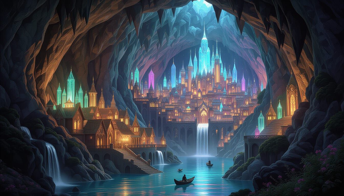 Massive Underground City in Ethereal Cave - Fantasy Realm